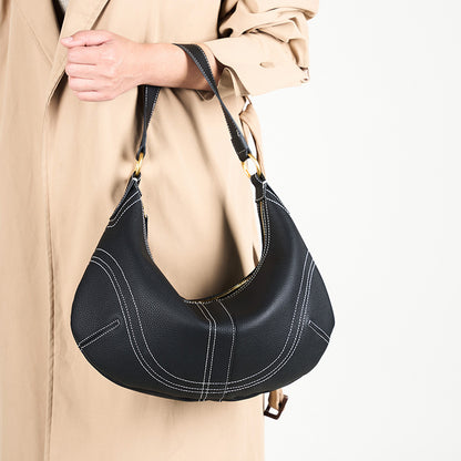 The Pebbled Genuine Leather Hobo Shoulder Bag with Contrast Stitching