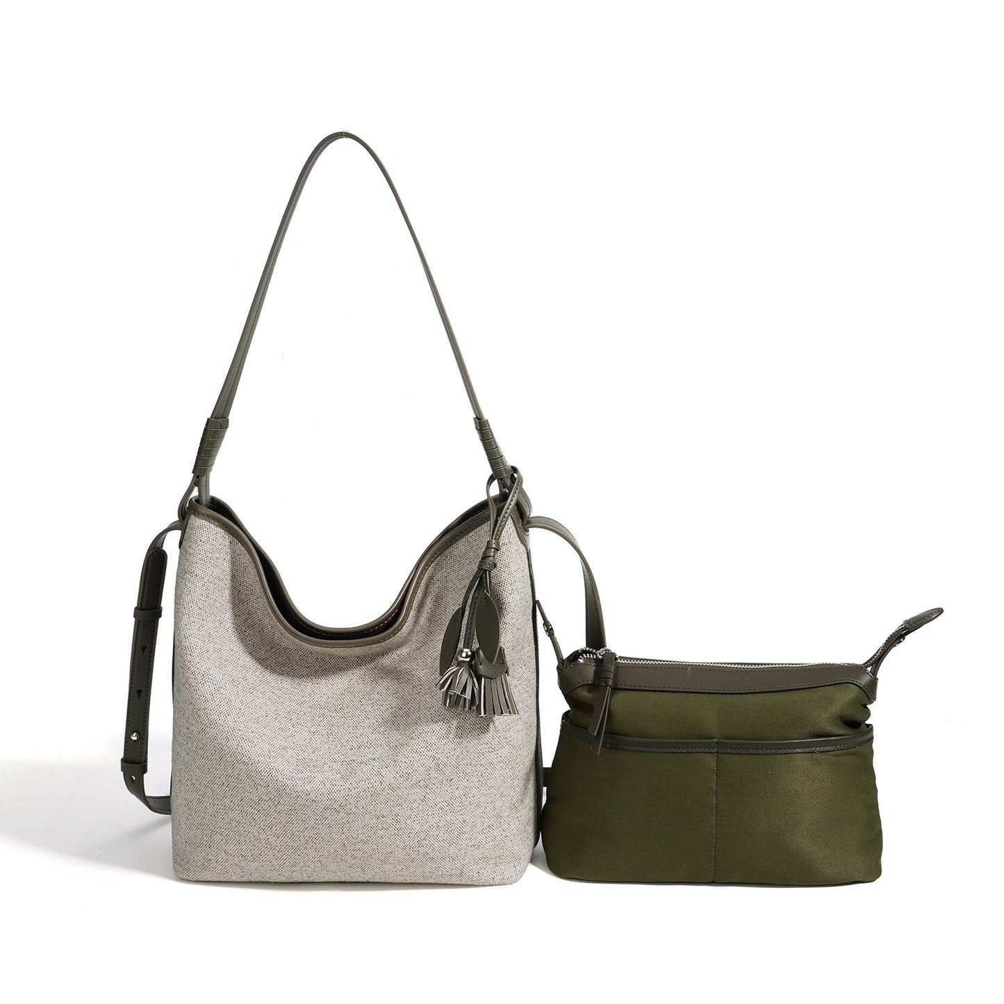 Slouchy Canvas Bucket Clutch Bag with Tassel Charm