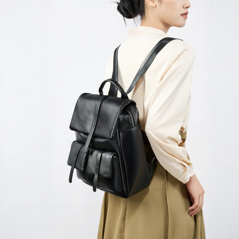 Minimalist Large Capacity Pebbled Genuine Leather Flap Backpack