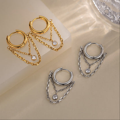 Elegant Radiant Bezel Solitaire Layered Link Earrings