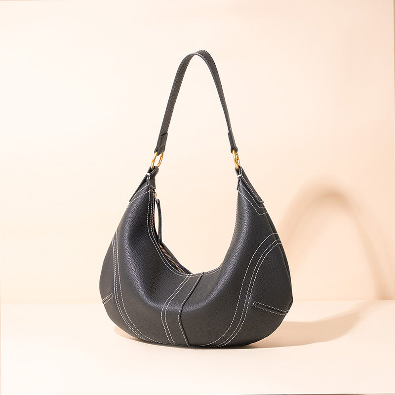 The Pebbled Genuine Leather Hobo Shoulder Bag with Contrast Stitching