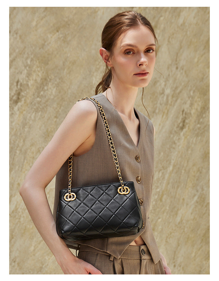 Classic Quilted Sheepskin Genuine Leather Chain Mini Tote Clutch Bag