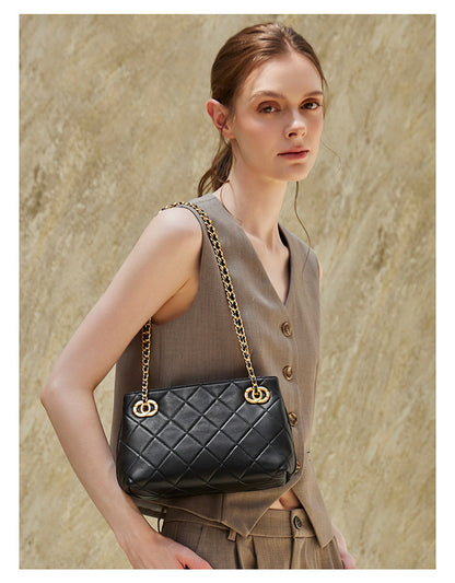 Classic Quilted Sheepskin Genuine Leather Chain Mini Tote Clutch Bag