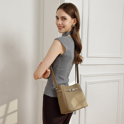 Timeless Genuine Leather Bucket Bag with Polished Double-D Luxury Hardware