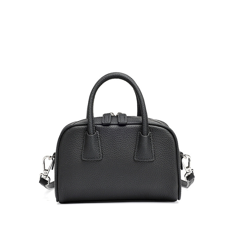 Cushiony Pebbled Genuine Leather Mini Boston Clutch Bag
