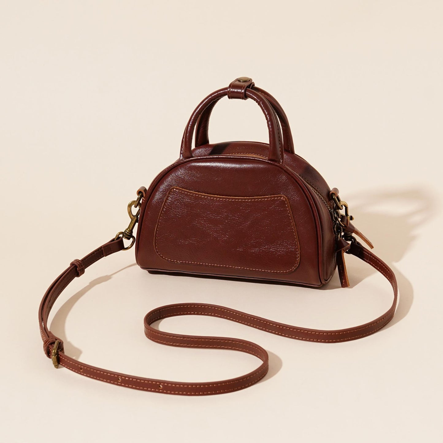 The Vintage Dome Genuine Leather Mini Boston Crossbody Bag with Top Handle