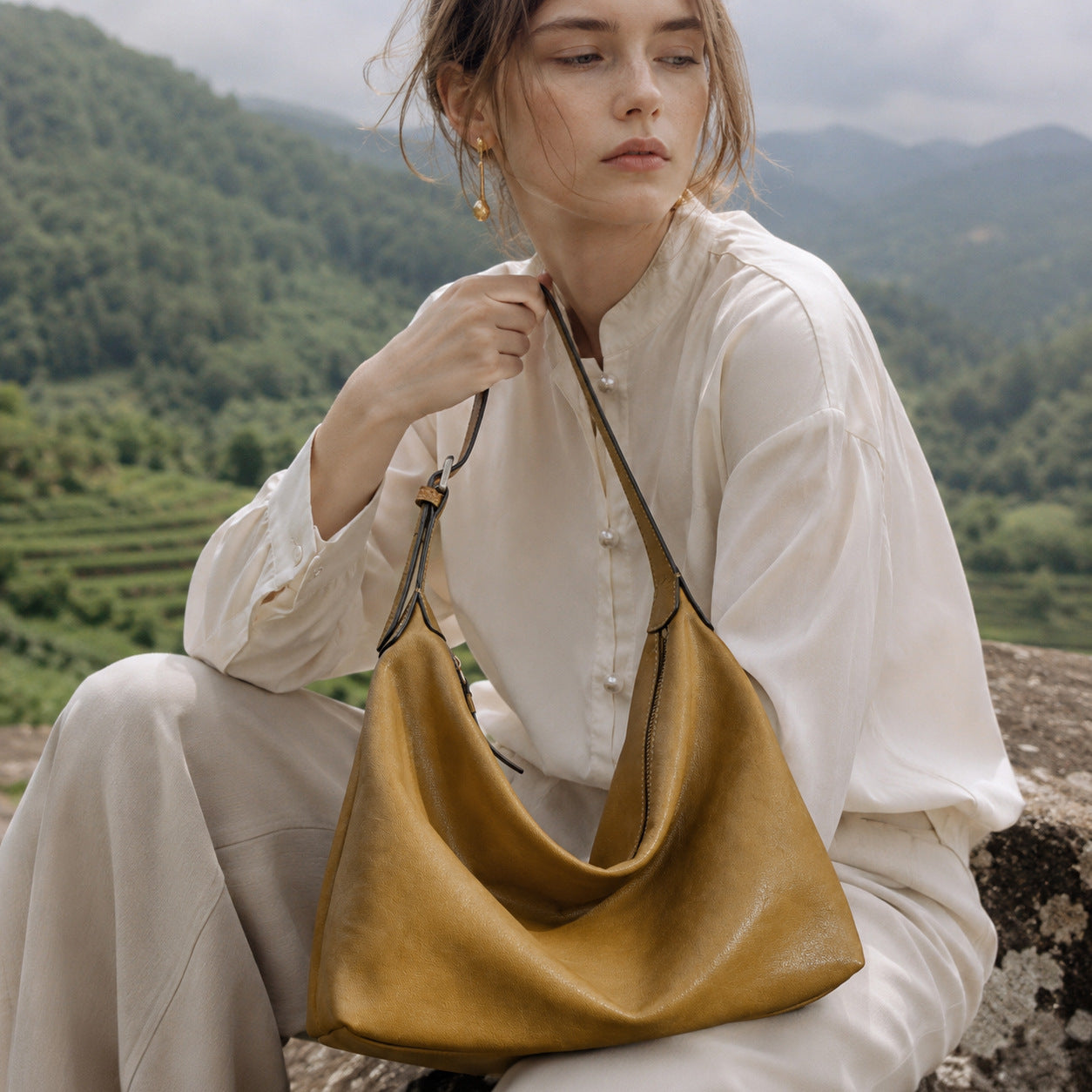 Supple Slouchy Genuine Leather Crescent Hobo Clutch Bag