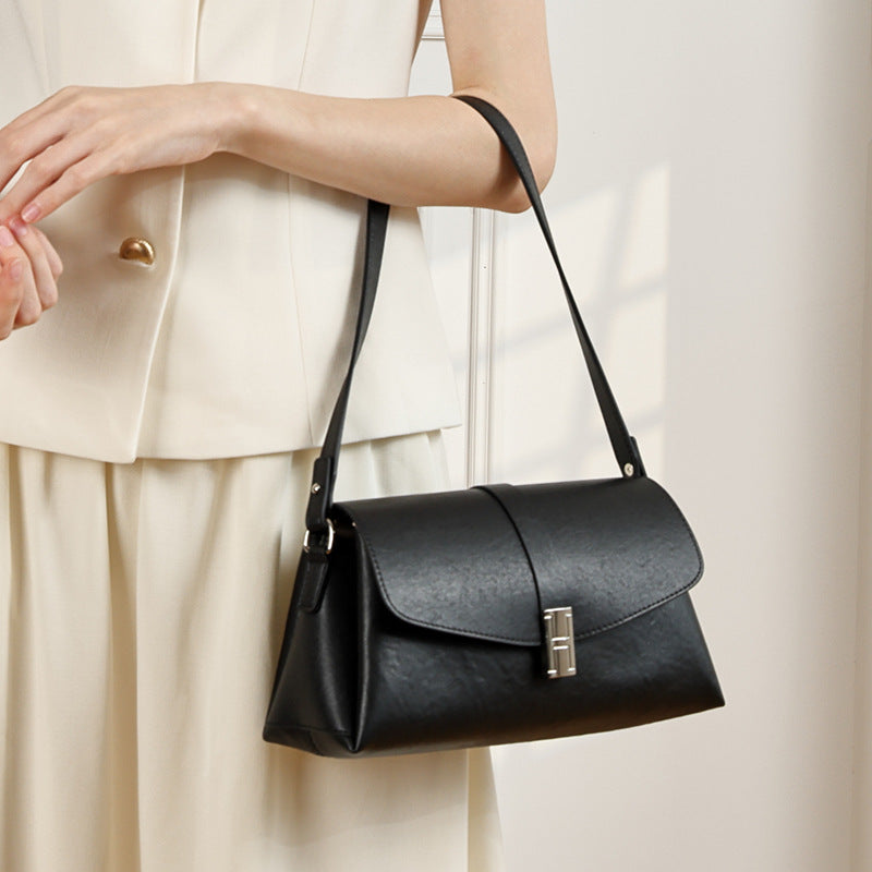 Minimalist Genuine Leather Shoulder Bag with Signature H Buckle