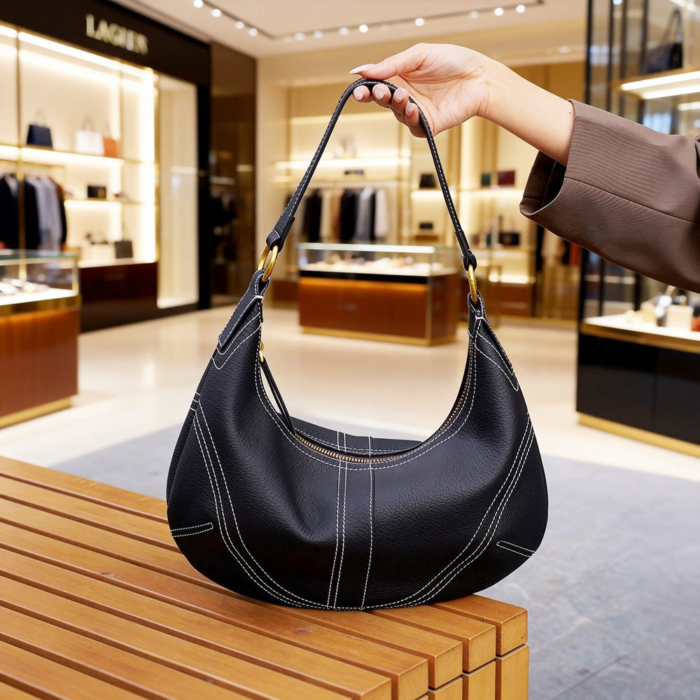 The Pebbled Genuine Leather Hobo Shoulder Bag with Contrast Stitching