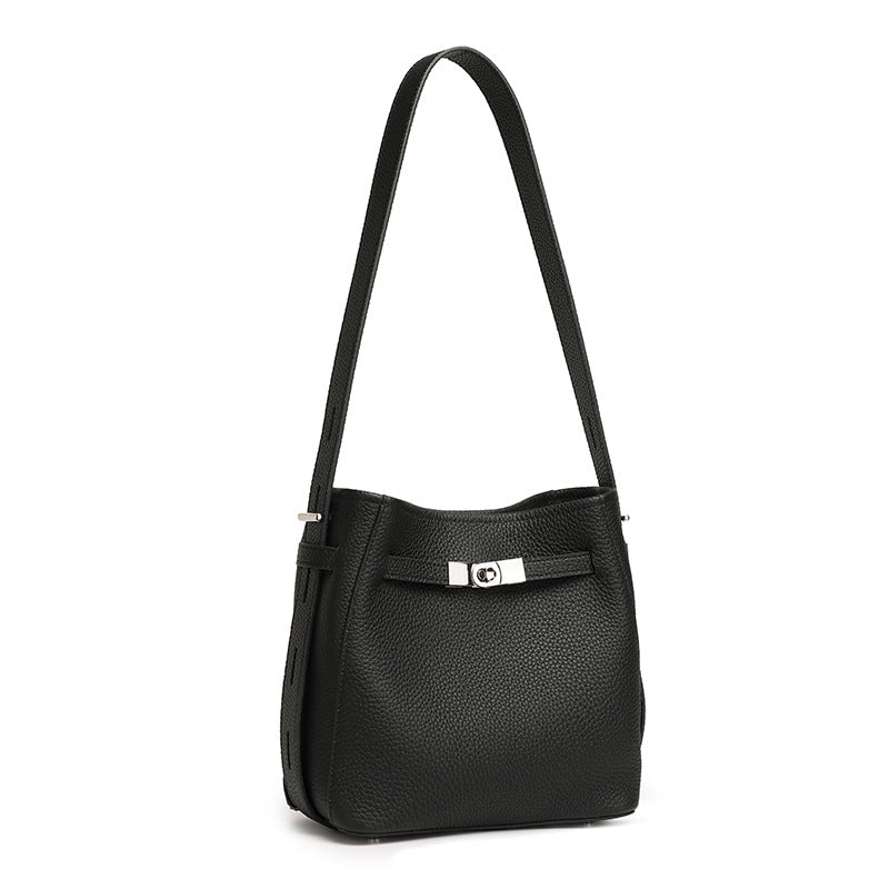 Timeless Genuine Leather Bucket Bag with Polished Double-D Luxury Hardware