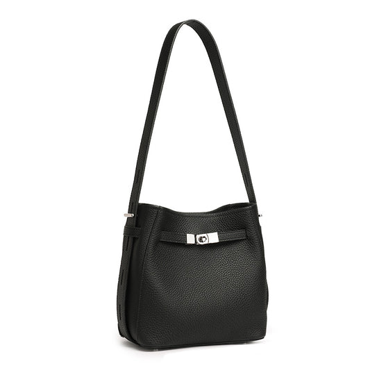 Timeless Genuine Leather Bucket Bag with Polished Double-D Luxury Hardware