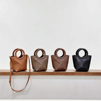 Refined Geometric Woven Genuine Leather Mini Bucket Clutch Bag