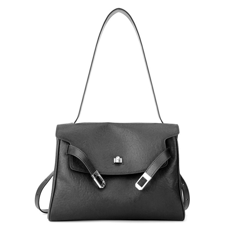Vintage Lock-Accent Satchel Crossbody Genuine Leather Bag