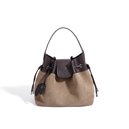 Chic Suede Leather Drawstring Bucket Bag with Horse Charm