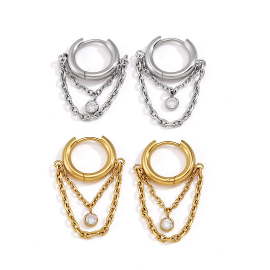 Elegant Radiant Bezel Solitaire Layered Link Earrings
