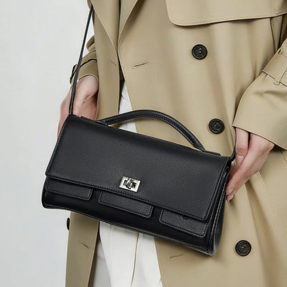 The Linear Turn-Lock Genuine Leather Bag | Minimalist East-West Handbag