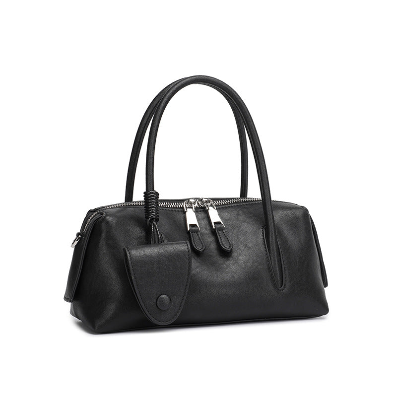 Minimalist Genuine Leather Boston Clutch Bag with Detachable Leather Tag Charm