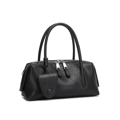Minimalist Genuine Leather Boston Clutch Bag with Detachable Leather Tag Charm