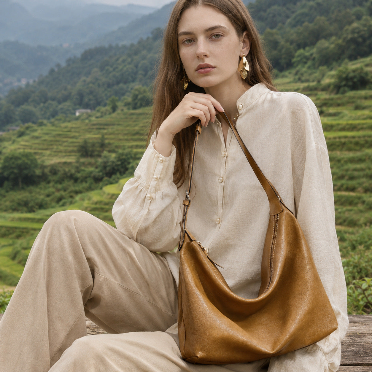 Supple Slouchy Genuine Leather Crescent Hobo Clutch Bag