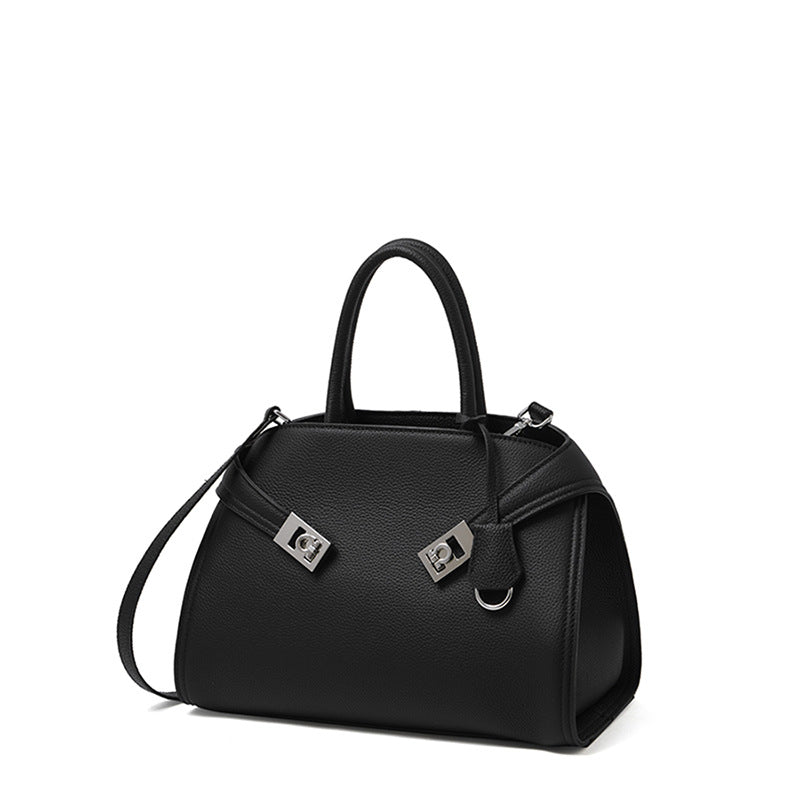 Luxury Retro Genuine Leather Lychee Pattern Double Buckle Tote Crossbody Bag