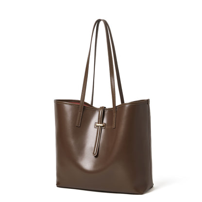Spacious Plain Genuine Leather Tote Set Minimalist Shoulder Bag