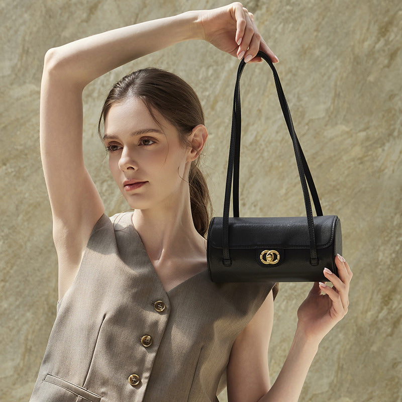 Nostalgic Caviar Genuine Leather Baguette Tube Clutch Bag