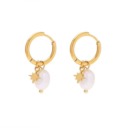 Natural Freshwater Pearl Earrings with Star Pendants