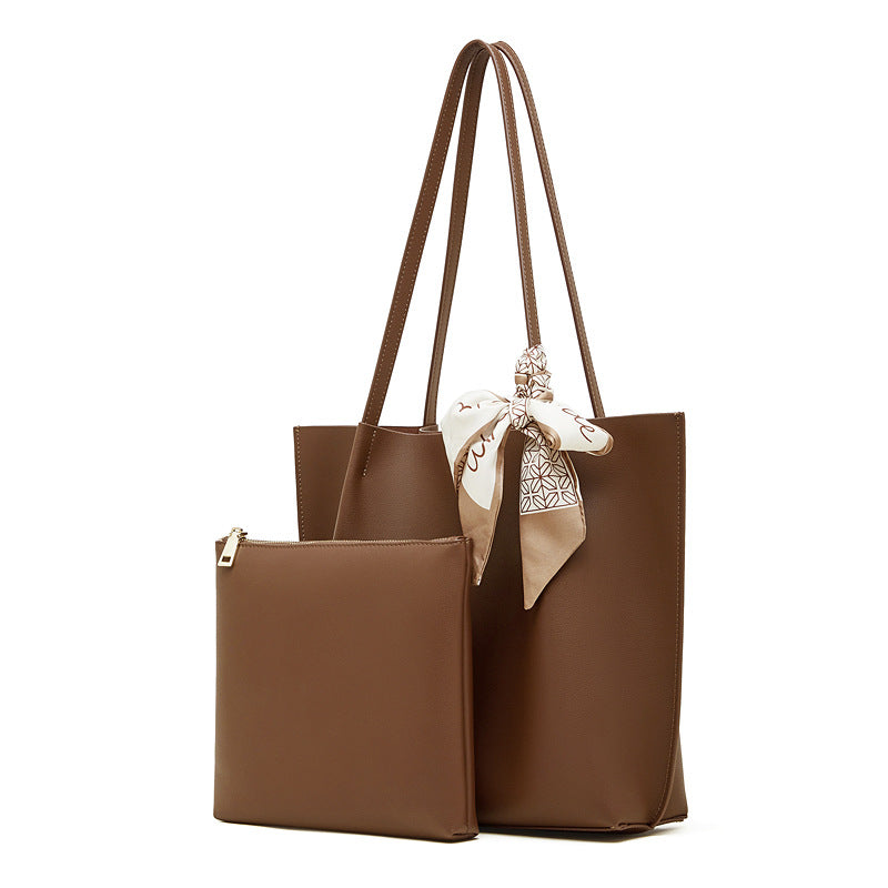 Parisian Chic Genuine Leather Bag - Minimalist Large Tote with Silk Scarf Accent