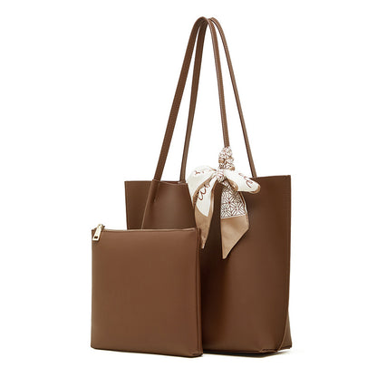 Parisian Chic Genuine Leather Bag - Minimalist Large Tote with Silk Scarf Accent