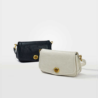 The Washed Genuine Leather Turn-Lock Flap Shoulder Crossbody Bag