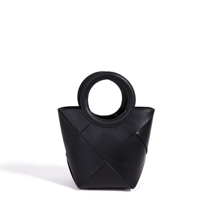 Refined Geometric Woven Genuine Leather Mini Bucket Clutch Bag