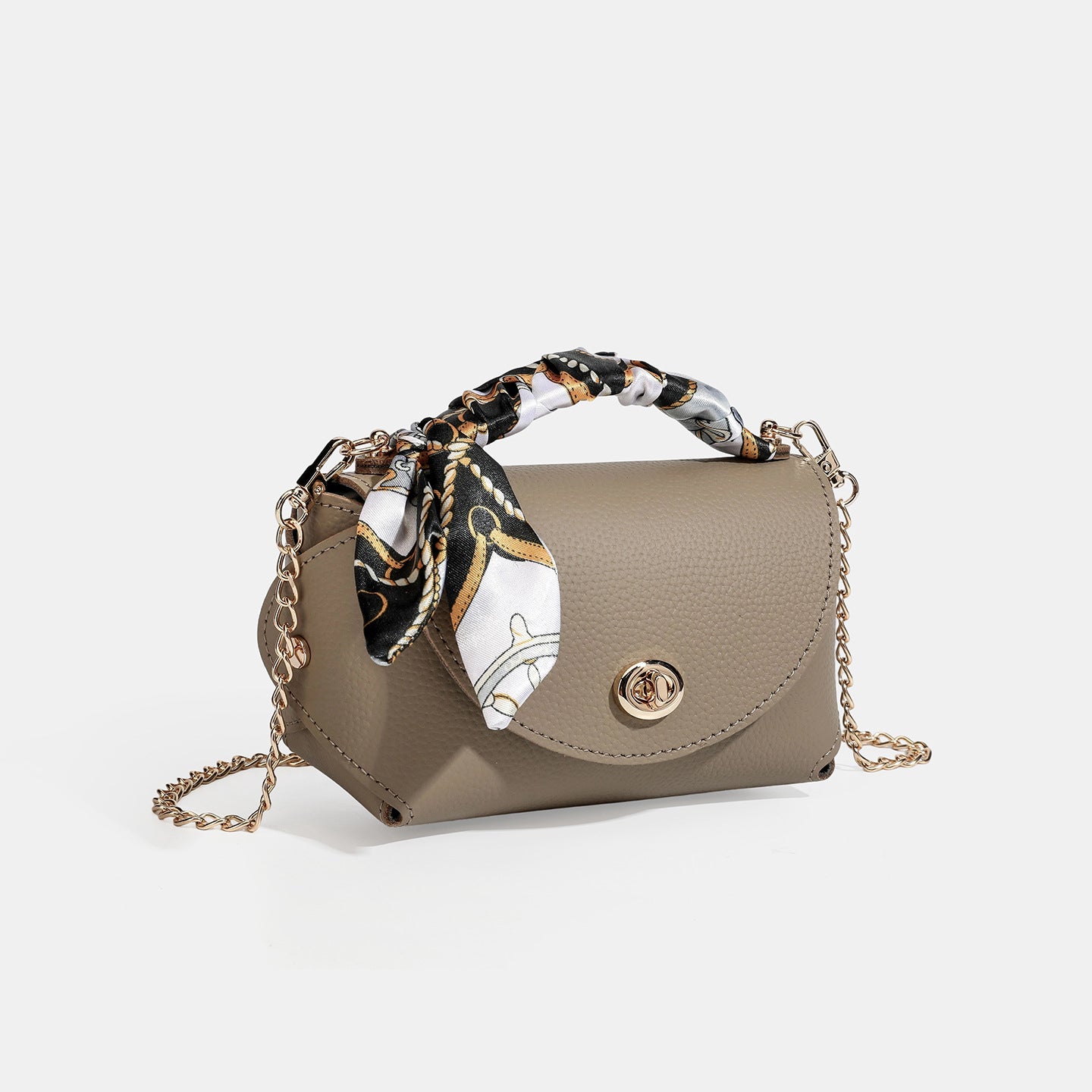 Elegant Retro Genuine Leather Chain Crossbody Shoulder Silk Scarf Handbag