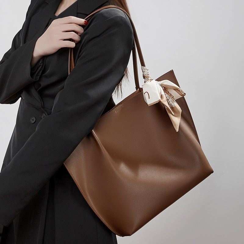 Parisian Chic Genuine Leather Bag - Minimalist Large Tote with Silk Scarf Accent