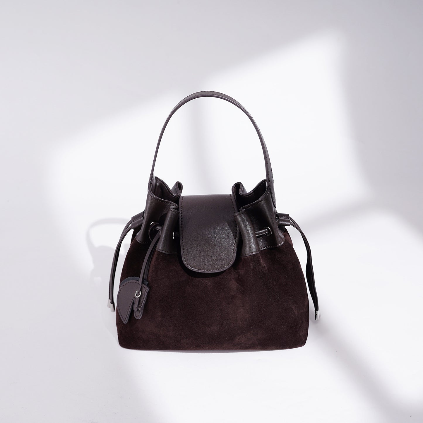 Chic Suede Leather Drawstring Bucket Bag with Horse Charm