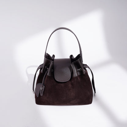 Chic Suede Leather Drawstring Bucket Bag with Horse Charm