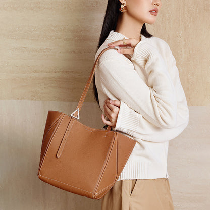 Women's Elegant Camel Textured Leather Shoulder Tote