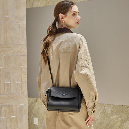 Sac bandoulière à rabat en cuir véritable grain litchi avec bandoulière réglable
