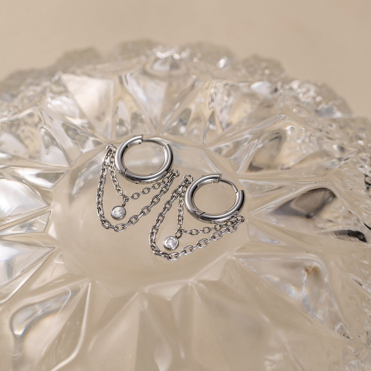 Elegant Radiant Bezel Solitaire Layered Link Earrings