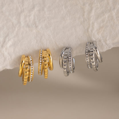 Elegant Triple Layer Pavé Ribbed Earrings