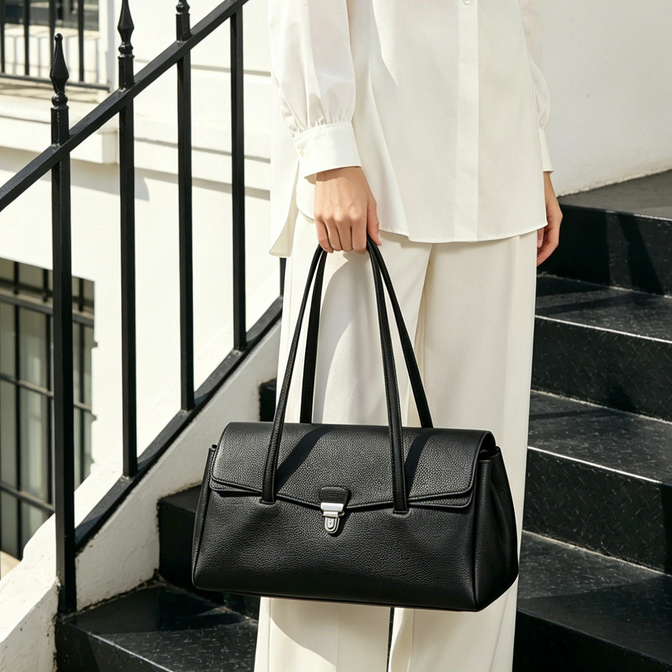 Sleek Pebbled Grain Texture Flap Genuine Leather Tote Clutch Bag