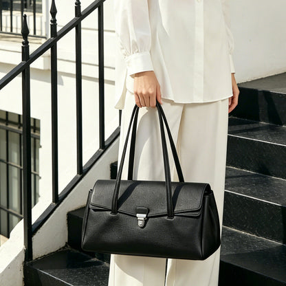 Sleek Pebbled Grain Texture Flap Genuine Leather Tote Clutch Bag