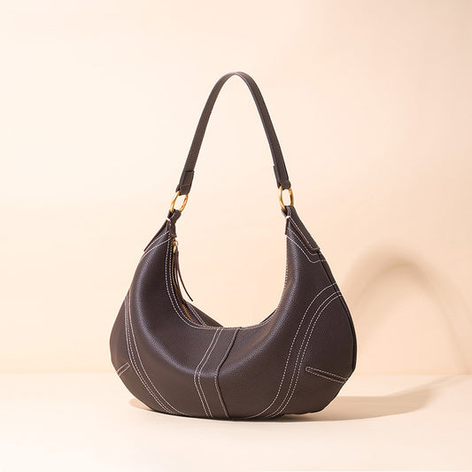 The Pebbled Genuine Leather Hobo Shoulder Bag with Contrast Stitching