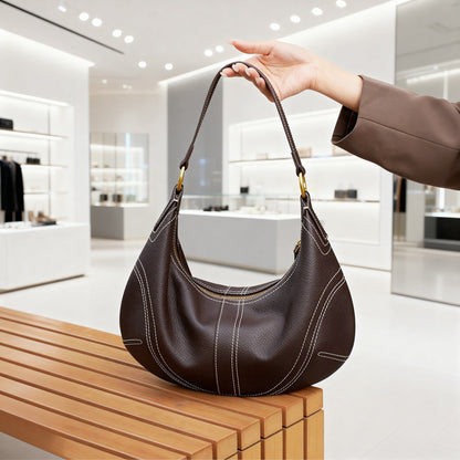 The Pebbled Genuine Leather Hobo Shoulder Bag with Contrast Stitching
