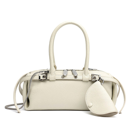 Refined Genuine Leather Petite Boston Clutch Bag with Mini Pouch