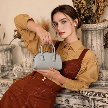 Cushiony Pebbled Genuine Leather Mini Boston Clutch Bag
