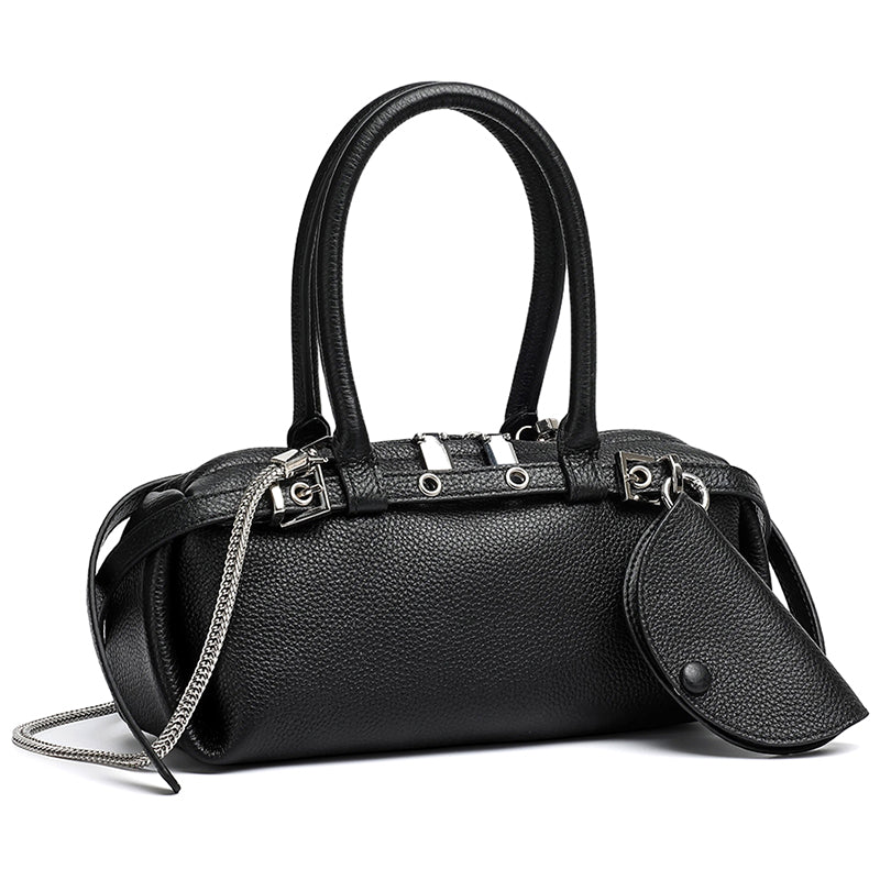 Refined Genuine Leather Petite Boston Clutch Bag with Mini Pouch