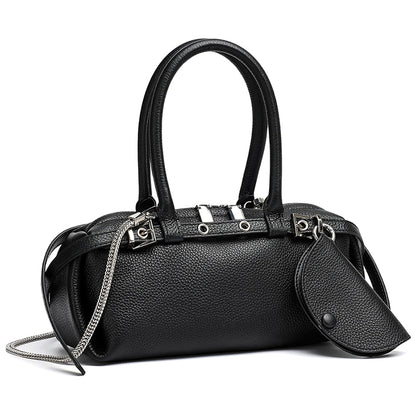 Refined Genuine Leather Petite Boston Clutch Bag with Mini Pouch