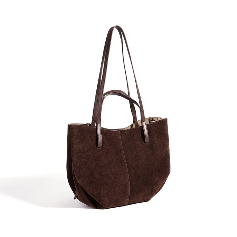Vintage Suede Genuine Leather Tote Clutch Bag with Coin Pouch
