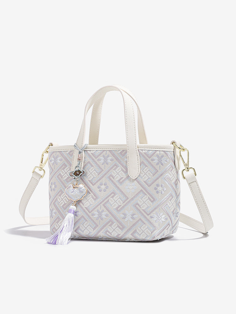 Mellow Oriental Jacquard Vegan Eco-Leather Tote Clutch Bag with Tassel Charm
