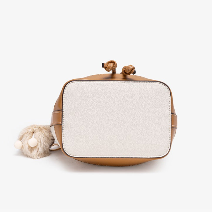 Vintage Checkerboard Vegan Eco-Leather Bucket Clutch Bag with Fluffy Charm